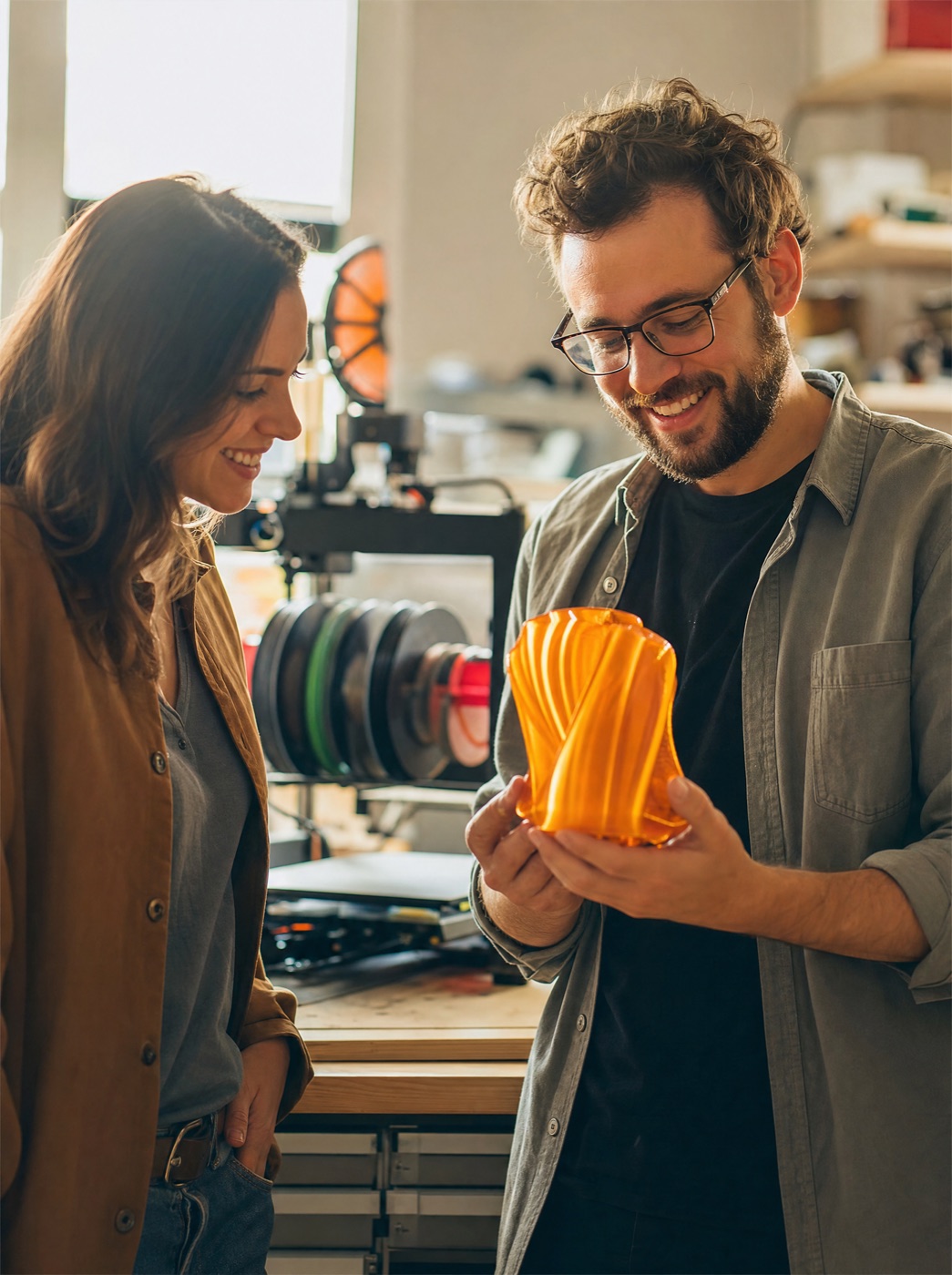Happy customers admiring a freshly 3D-printed part in the workshop