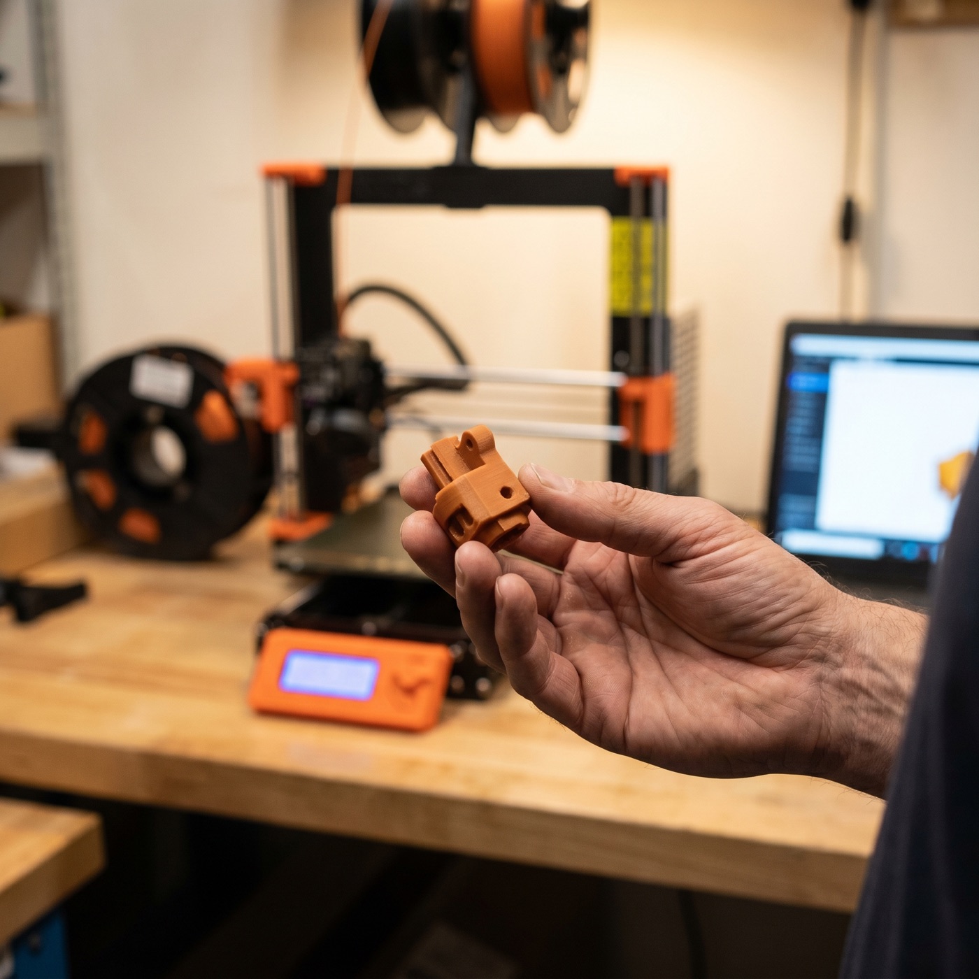 A maker inspecting a freshly 3D-printed part beside a printer